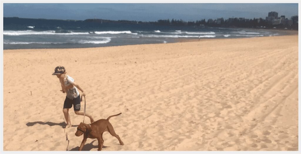 Boy and dog running on beach